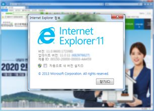 인터넷 브라우저 버전 확인방법1 : Internet Explorer 정보 팝업창 화면